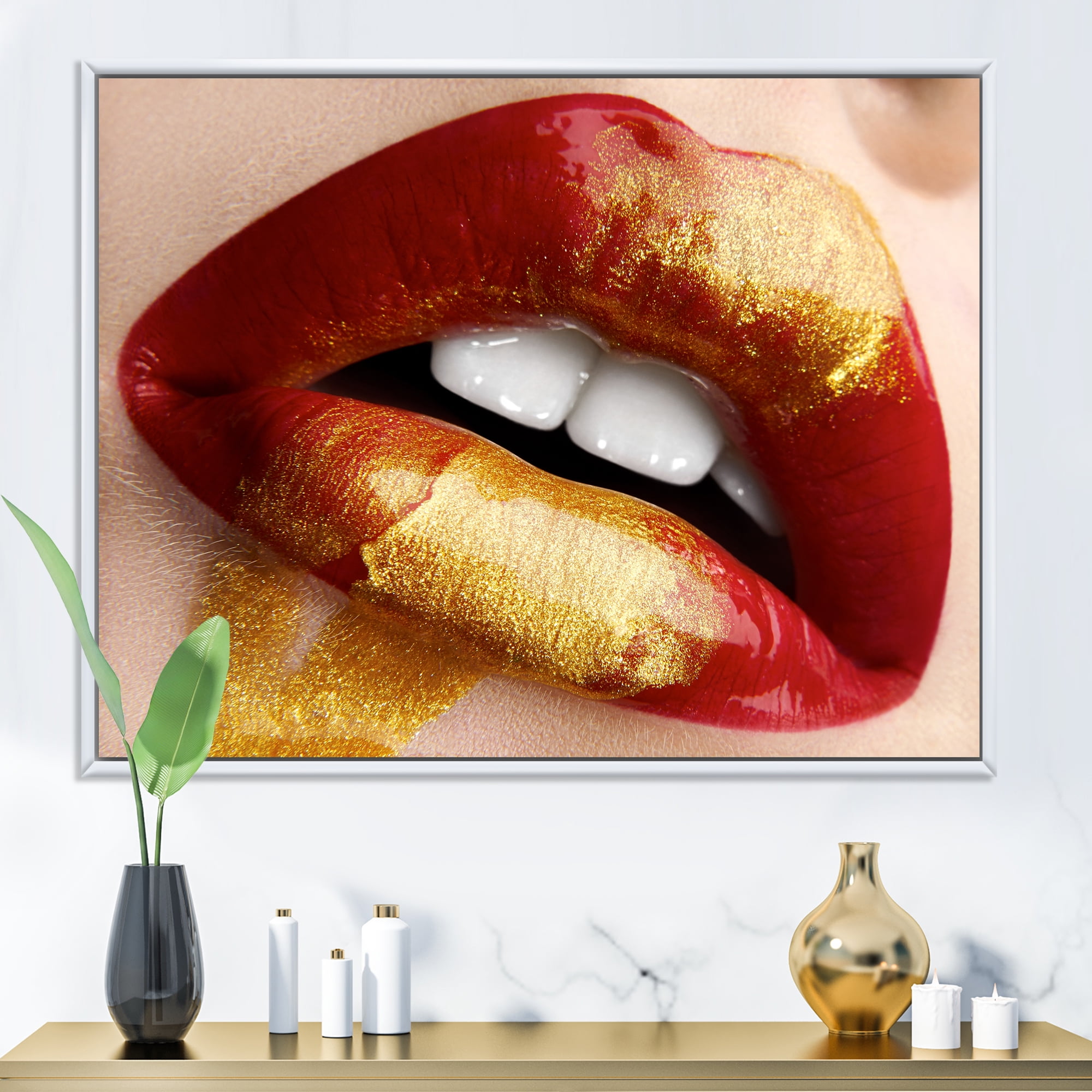 Plump Woman Lips With Gold and Red 32 in x 16 in Framed Photography Canvas Art Print, by Designart