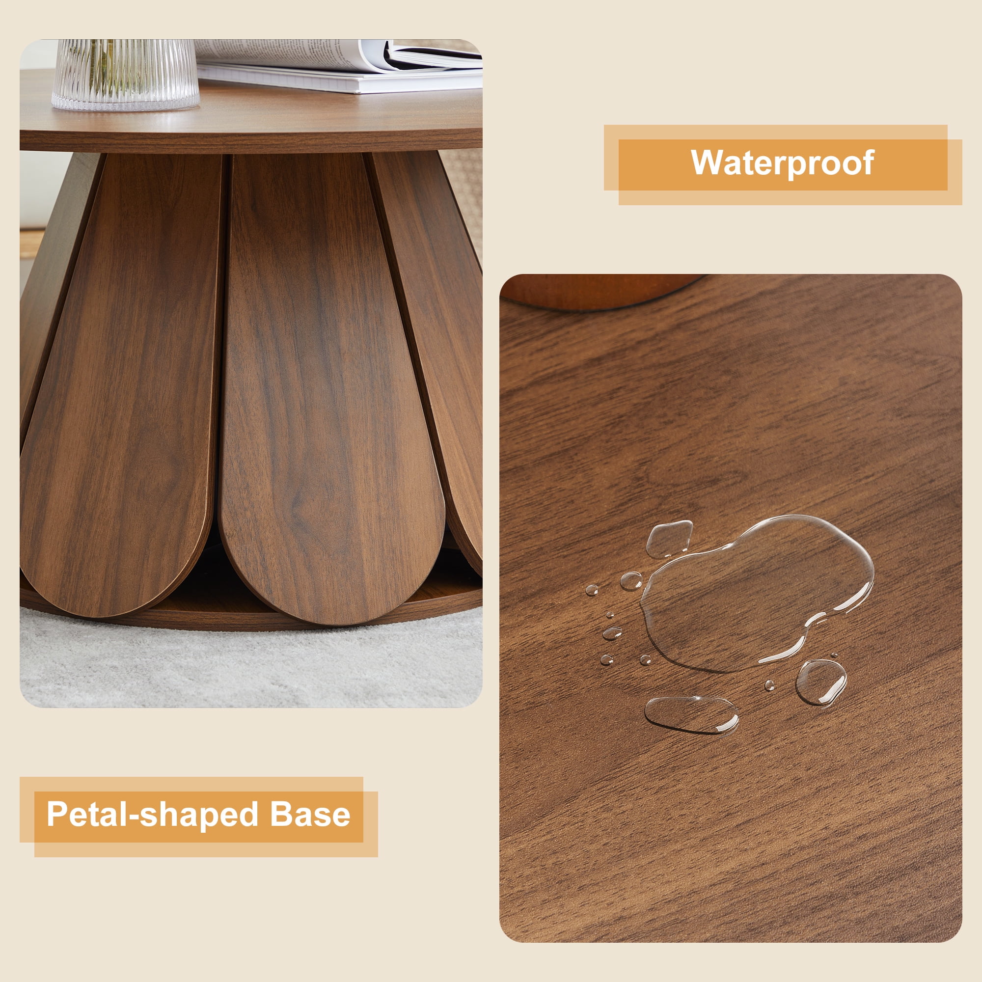 YOCWO 31.5" Small Round Coffee Table for Small Apartment Living Room, Modern Walnut Coffee Table with Petal Base
