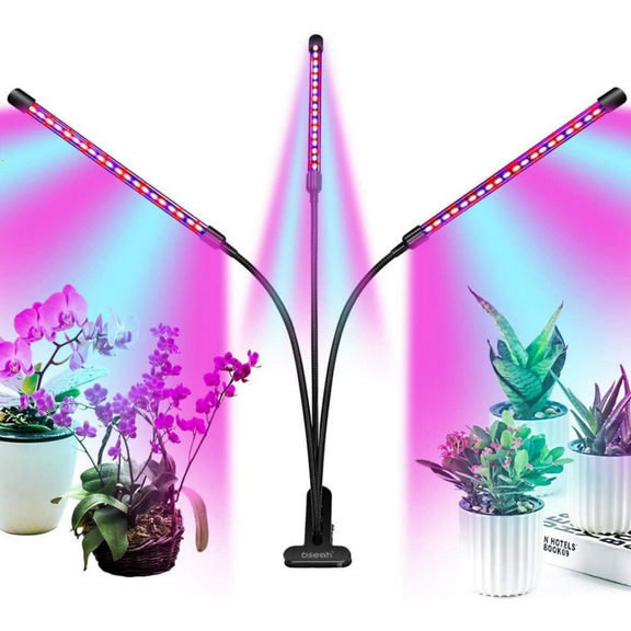 Grow Light Plant Lights for Indoor Plants, Clip-On Full Spectrum Plant Grow Lights, Auto ON & Off Timer 3/9/12H, Dimmable Brightness & 3 Light Modes (with AC Adapter)