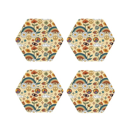 

Fuzoiu 70s Hippie Style Print Leather Coasters Set Drink Coasters Set of 4 for Tabletop Protection Durable PVC Coasters Home Décor and Housewarming Gift-Hexagon