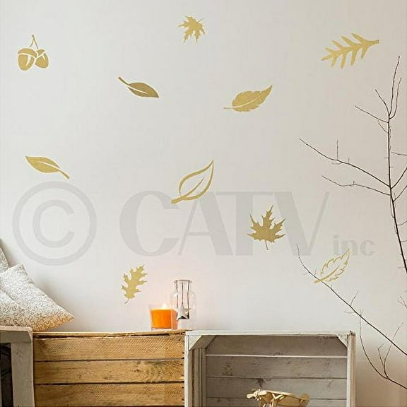 Set of 24 Fall Leaves Wall Saying Vinyl Lettering Wall Decal Sticker Thanksgiving Decor Autumn Decals Size: Assorted Color: Metallic Gold