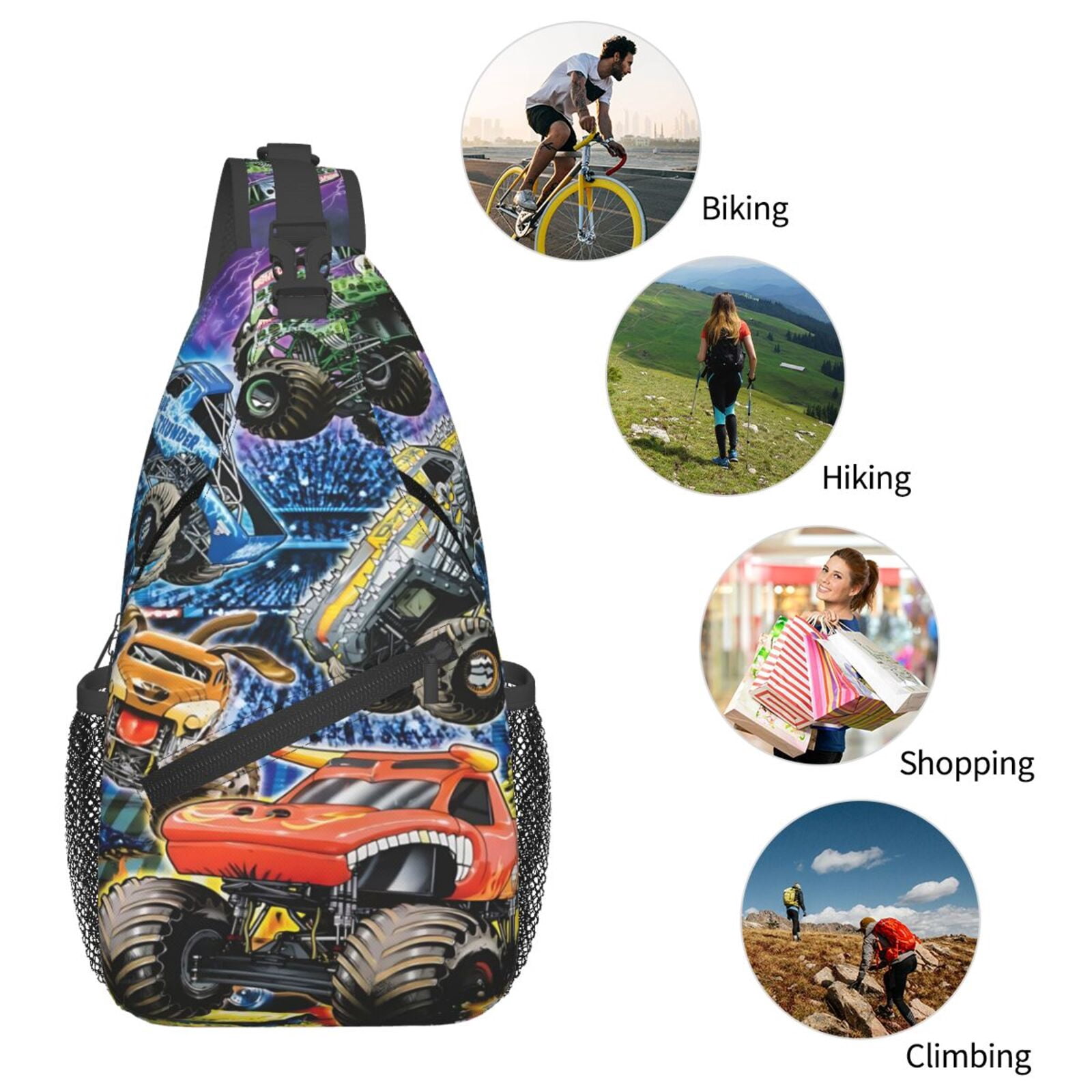 Monster Truck Jam Sling Bag Crossbody Sling Backpack Chest Bag Daypack Purses Shoulder Bag For Women Men Travel Hiking