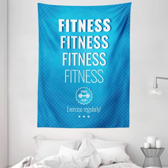 Fitness Tapestry, Motivation Regular Exercise Theme Fitness Words Checkered Backdrop Typography, Wall Hanging for Bedroom Living Room Dorm Decor, 60W X 80L Inches, Light Blue White, by Ambesonne