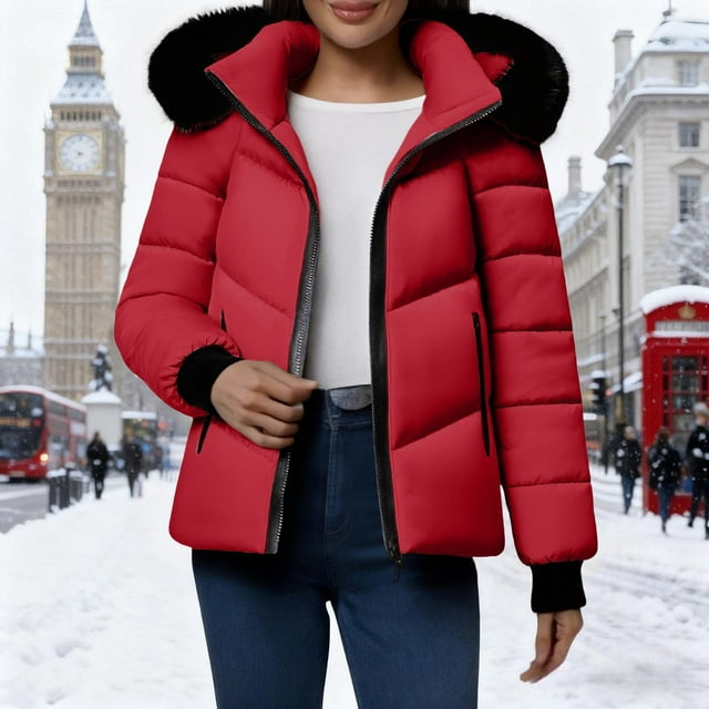 Fankiway Manteau d'Hiver Imperméable pour Femmes Veste de Neige Chaude Coupe-Vent avec Poches Rouge G