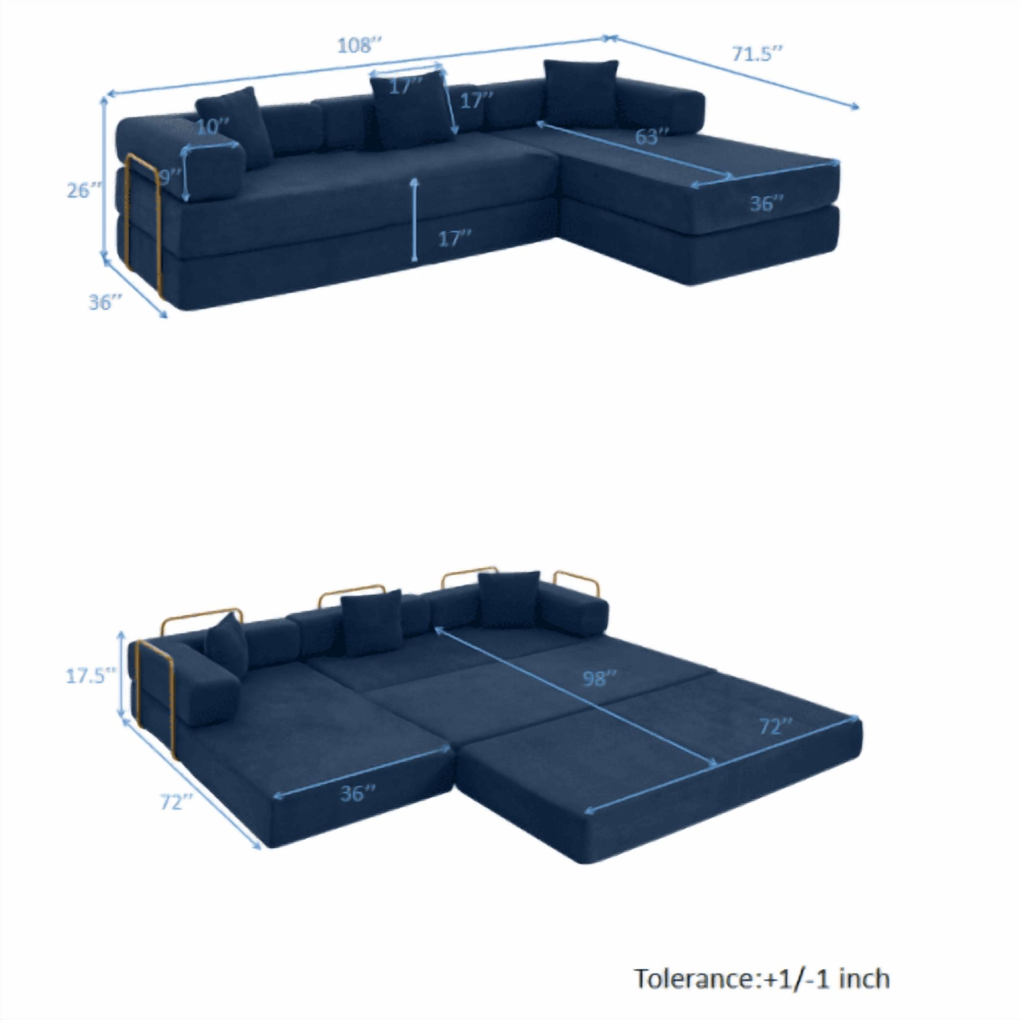108" Modular Sectional Sofa with L-Shape Chaise, Convertible Sleeper Sofa Bed, Corduroy Cloud Couch with Deep Seat, No Assembly Required, Removable Backrest, Blue