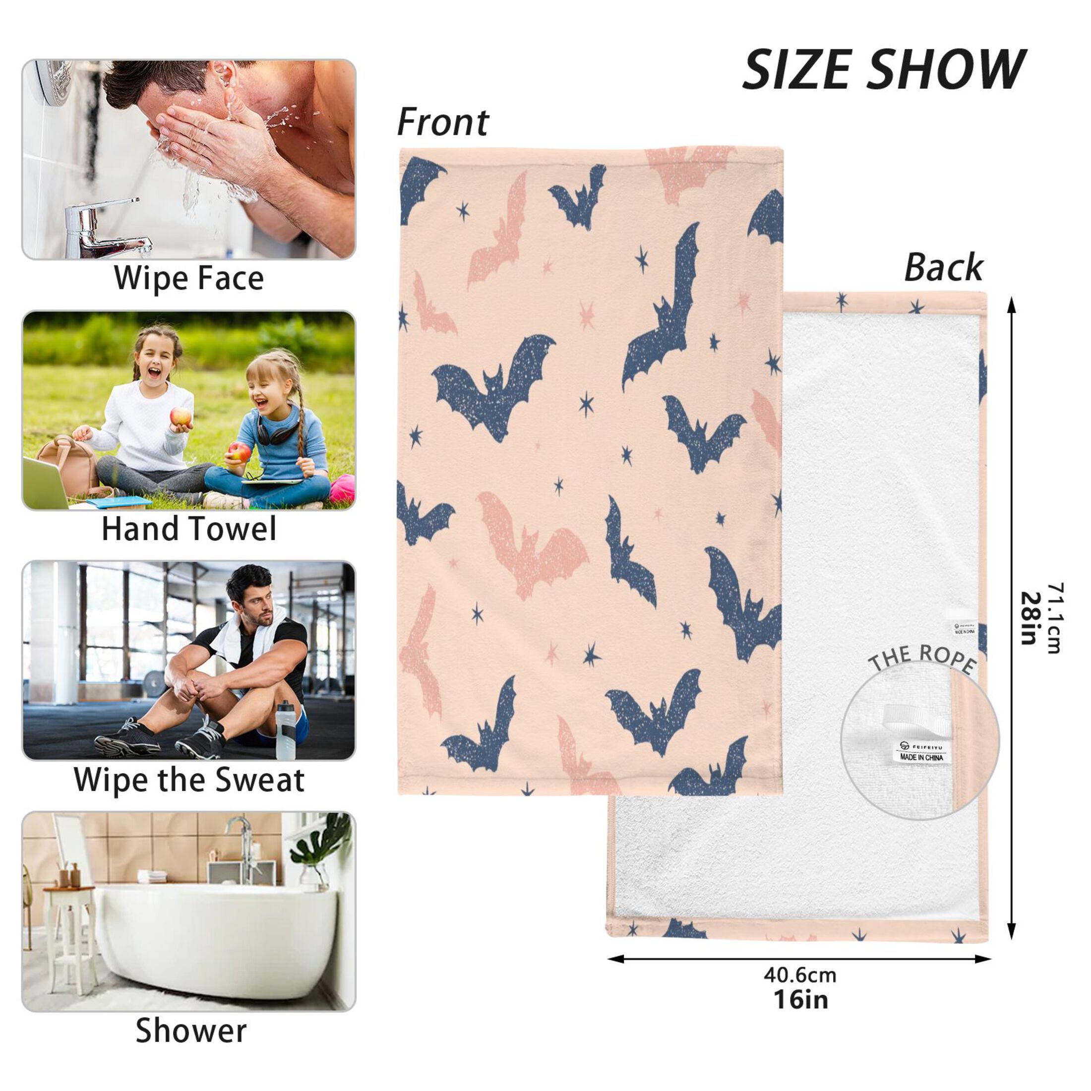 2 Pieces of Cotton Towel Face Towel Set Hand Towel Bath Towel Cotton Bath Towel Sets Cartoon Black Bats