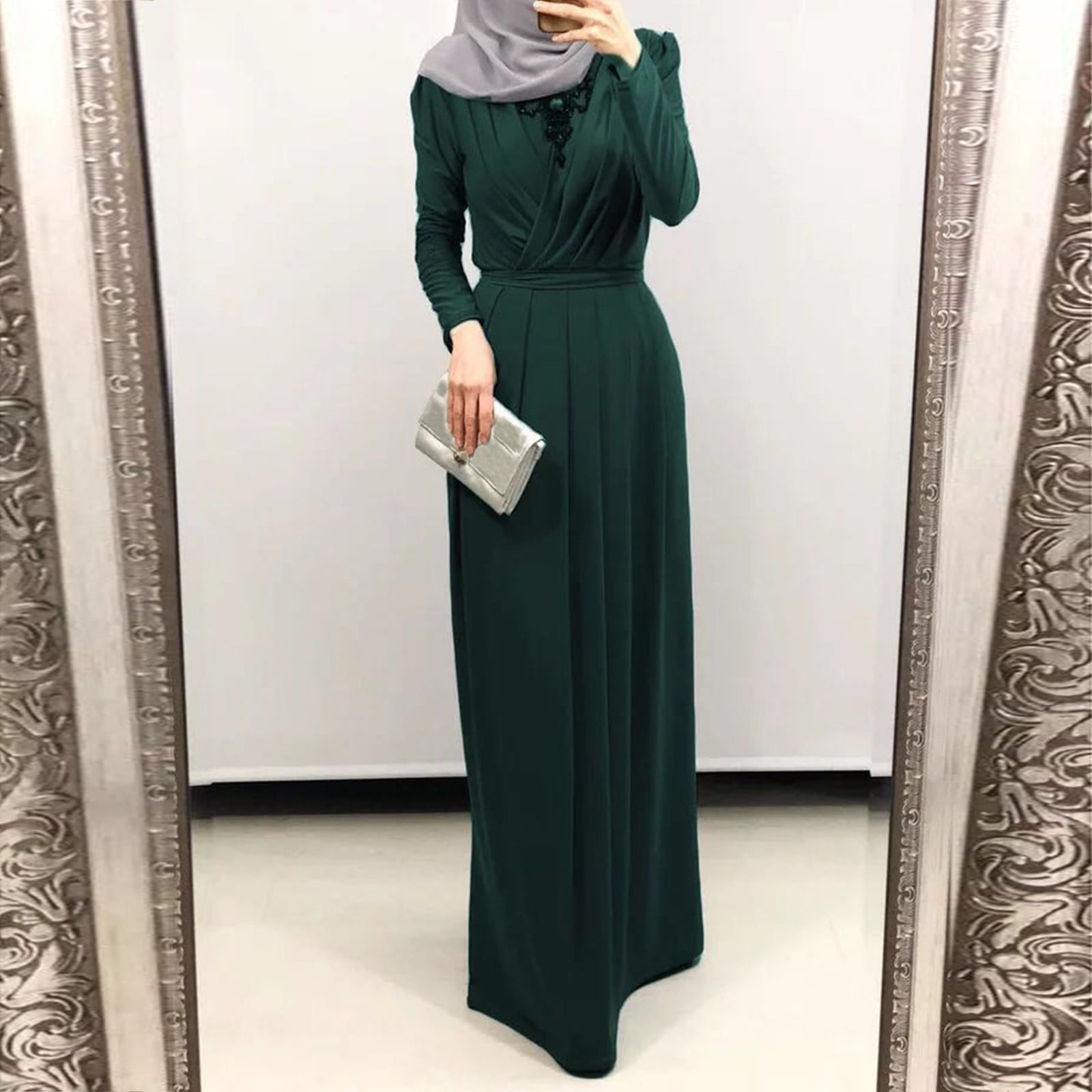 Muslim Women Long Sleeve Jilbab Kaftan Islamic Cocktail Maxi Dress Arab Abaya 