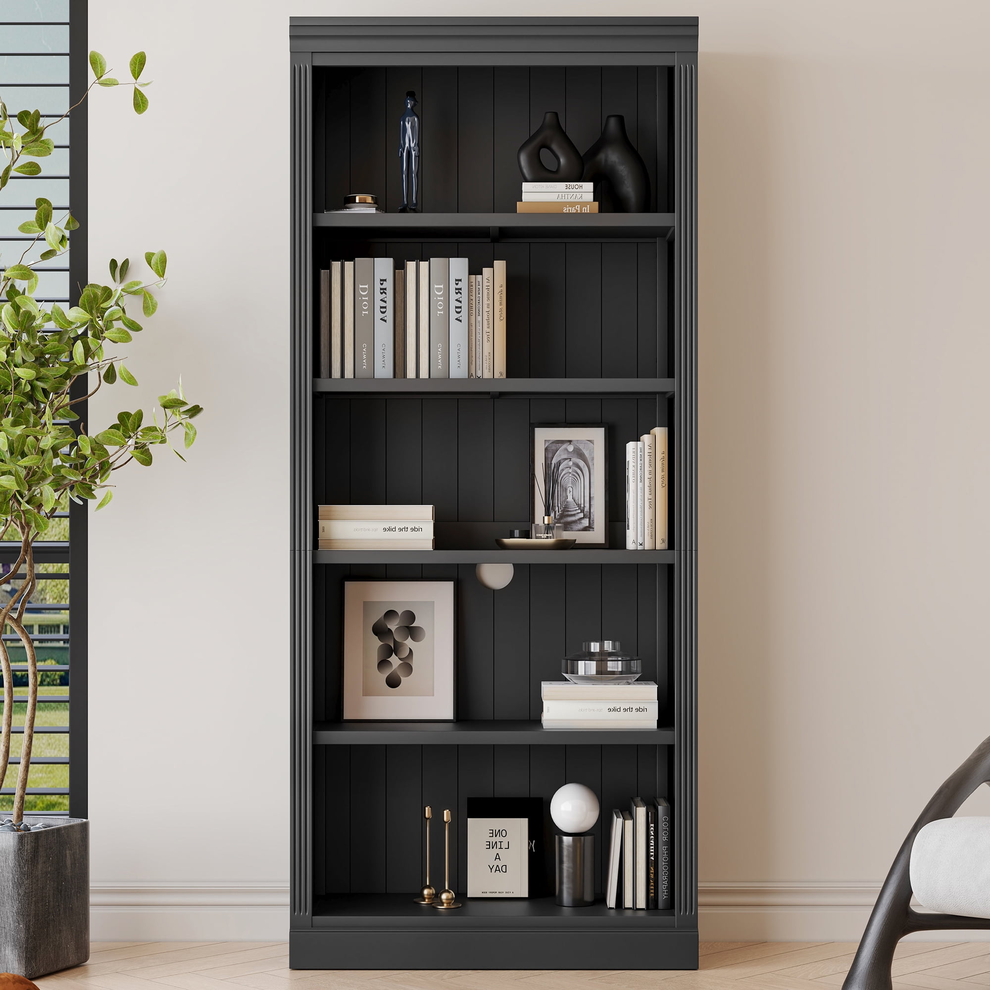 Harper & Bright Designs Tall Wood Bookcase with Light Strip, 5 Tier Bookshelves with Adjustable Shelves, Free Standing Storage Organizer for Home Office, Black