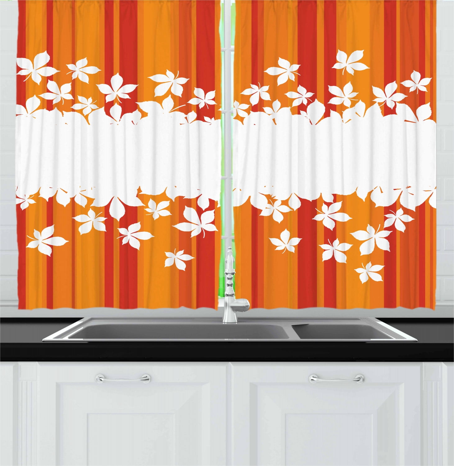 Orange Curtains 2 Panels Set, Autumnal Color Vertically Striped Backdrop with Little Wildflowers Border, Window Drapes for Living Room Bedroom, 55W X 39L Inches, Orange Marigold White, by Ambesonne