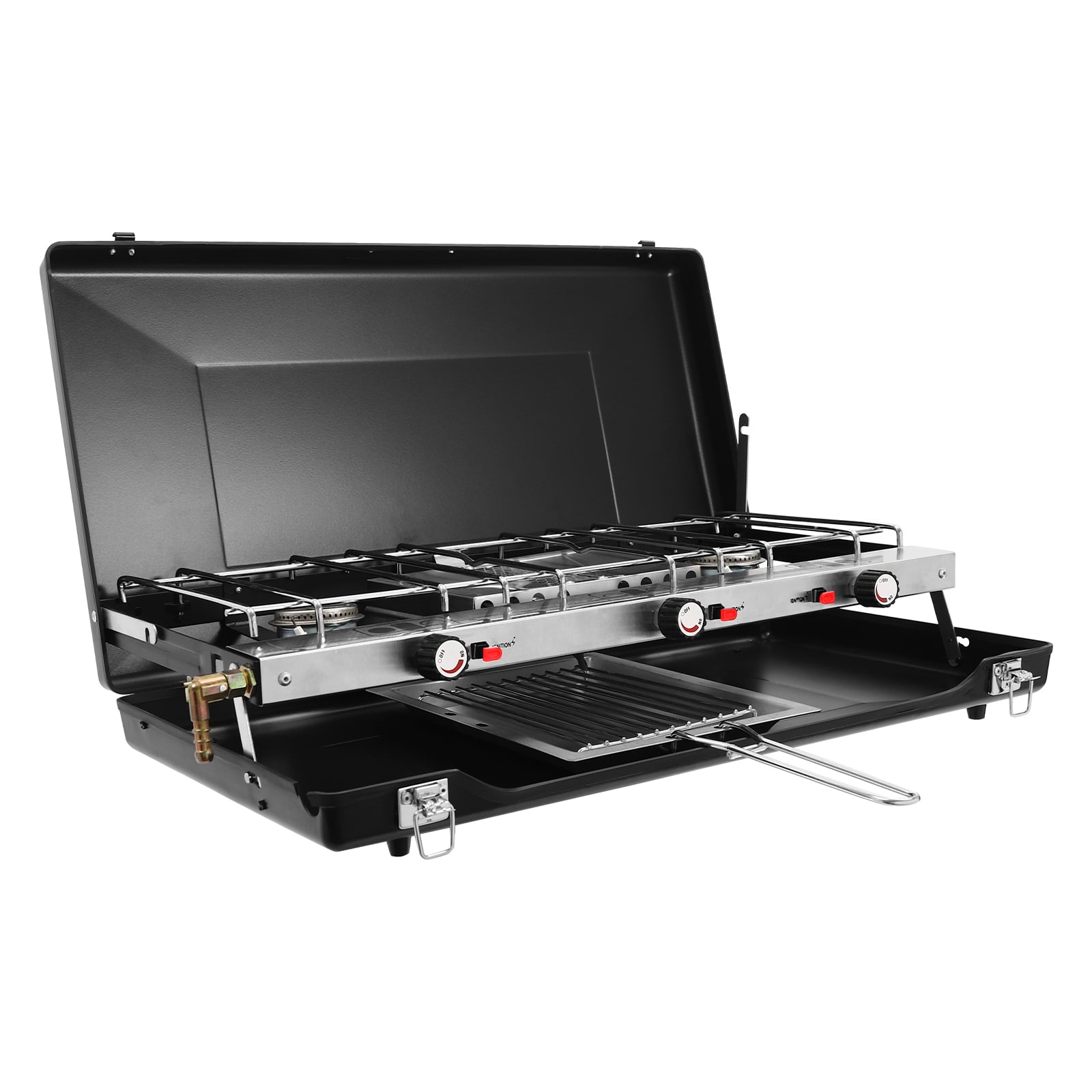 3-Burner Camping Stove, 4.5KW Portable Tabletop Gas Grill Foldable Gas Camping Stove with Removable Grid and Tray for Car Camping Bbq Picnics Outdoor Cooking