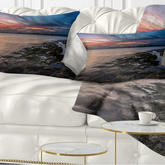 Designart Colorful Sky and Dark Rocky Sydney Coast - Seashore Throw Pillow - 12x20