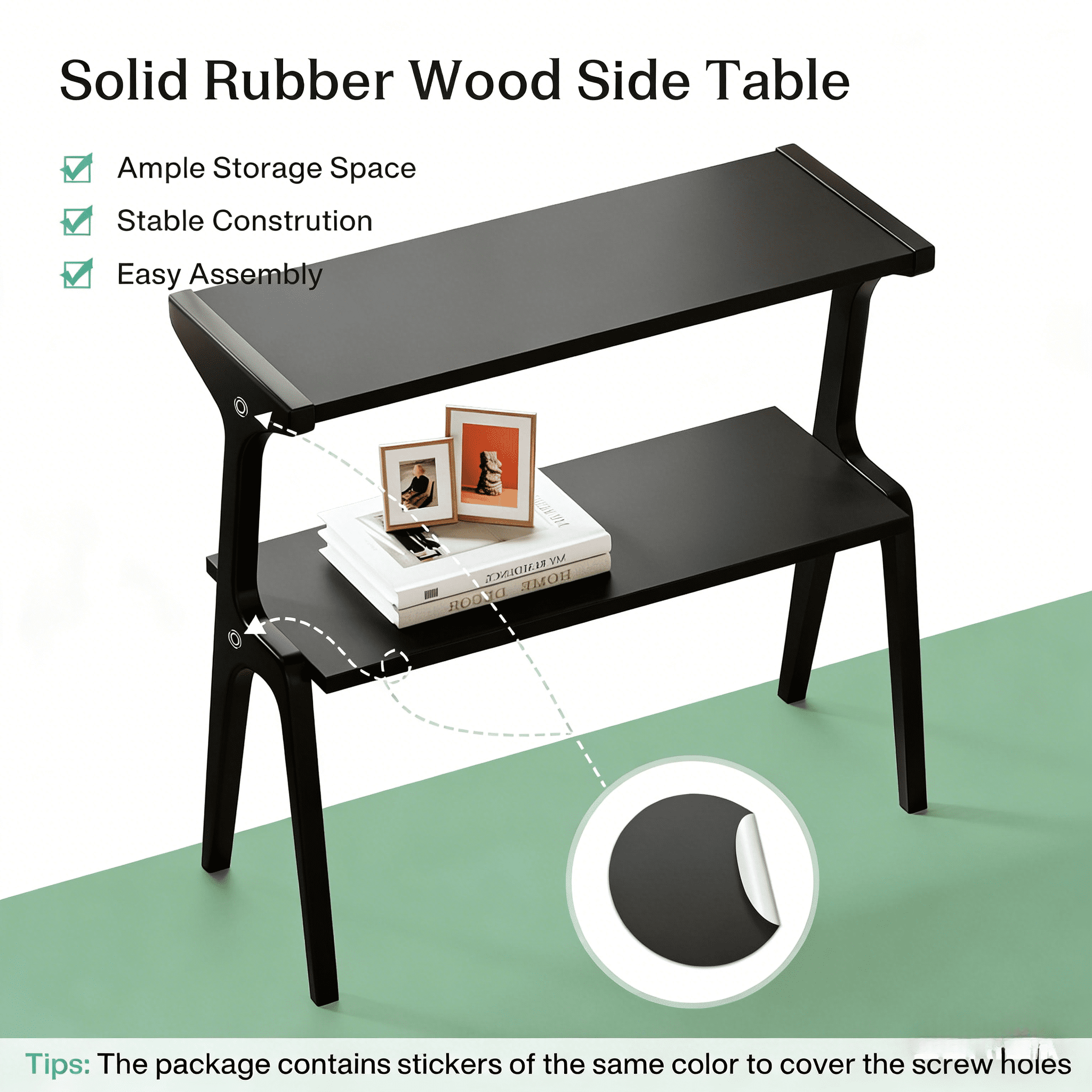Solid Wood Side Table, 2-Tier, Rustic Brown, Waterproof Lacquer, Multifunctional Use