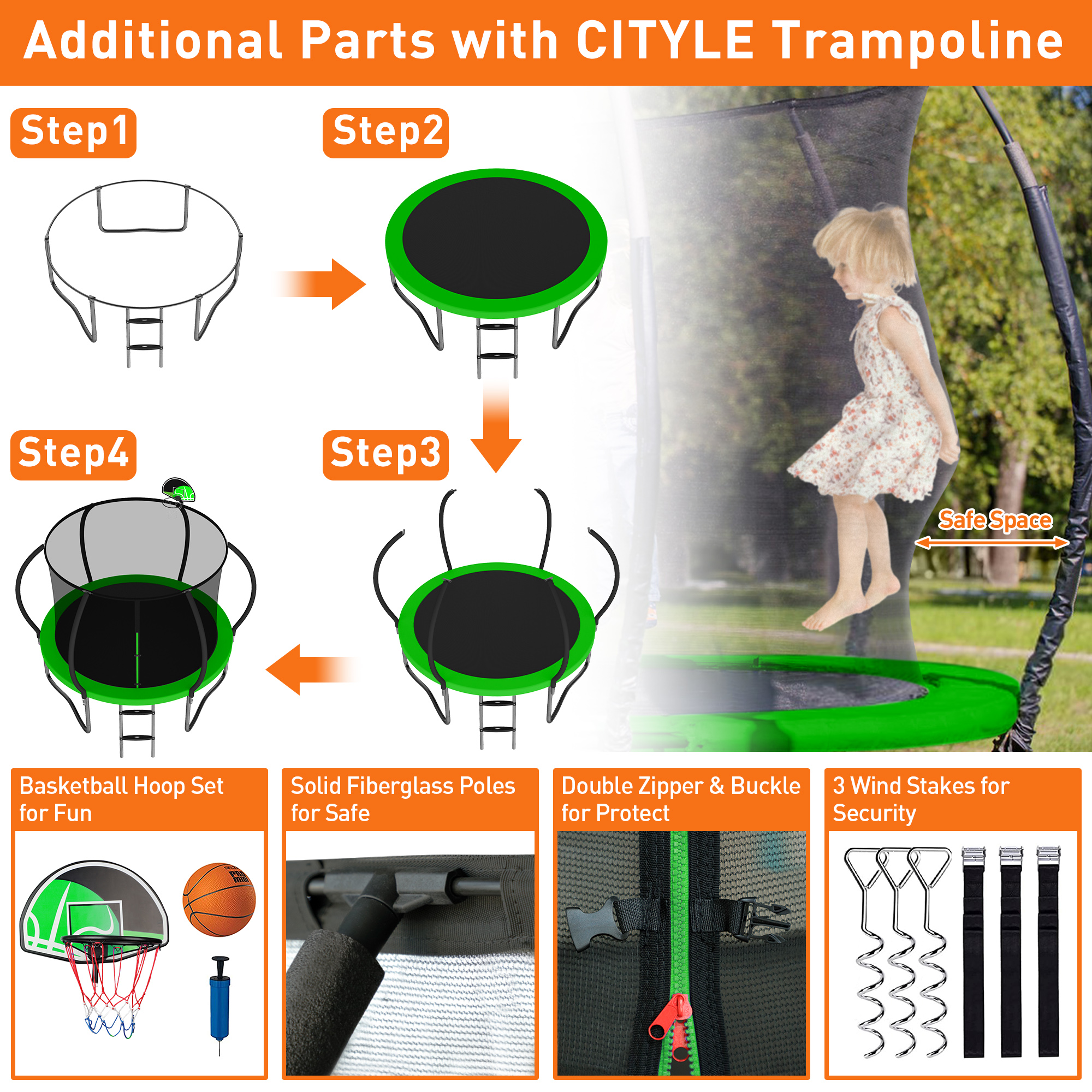CITYLE 10FT Trampoline with Enclosure Net and Lights, Outdoor Trampoline for Kids and Adults, 1000LBS Trampoline with Basketball Hoop, Galvanized Steel Heavy Duty Trampolines