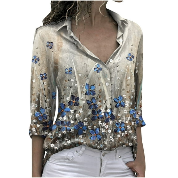 USSUMA Womens Tops Dressy Casual Summer Womens Floral Button Down Shirts V Neck Casual Long Sleeve Roll Up Loose Blouses Tops Loose Fit Trendy Tunic