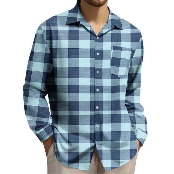 COSFO Button Up Shirt Men Plaid Long Sleeve Casual Work Tops Collared Loose Fit with Pocket Men Shirts