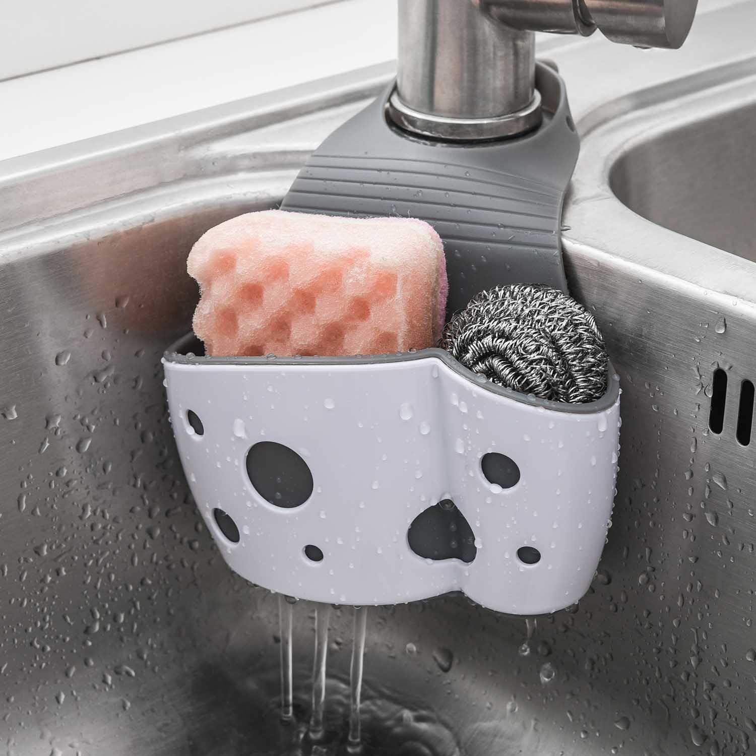 Slopehill 2 Pack Kitchen Sink Caddy Sponge Holder Silicone Plastic Soap Holder Hanging Ajustable Strap Faucet Caddy with Drain Holes for Drying, Size: 21