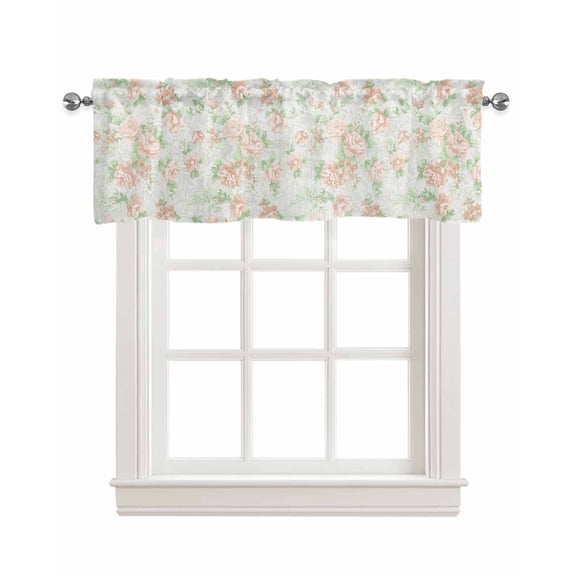 Green Flower Leaves Linen Curtain Valance for Bedroom/Bathroom/Kitchen/Office/Living/Dining Room Window,Retro Spring Botanical Luxury Chic Rod Pocket Topper Decorative Cafe Drapes Panel 42"x18"