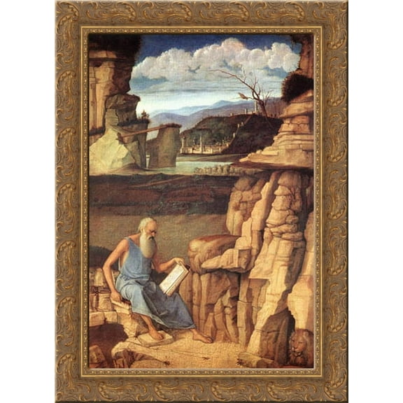 St. Jerome Reading in the Countryside 19x24 Gold Ornate Wood Framed Canvas Art by Bellini, Giovanni