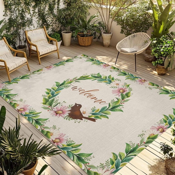 Spring Botanical Outdoor Rug for Patio/Deck/Porch, Non-Slip Large Area Rug 4 x 6 Ft, Garden Birds Floral Leaves Rustic Burlap Indoor Outdoor Rugs Washable Area Rugs, Camping Rug Carpet Runner