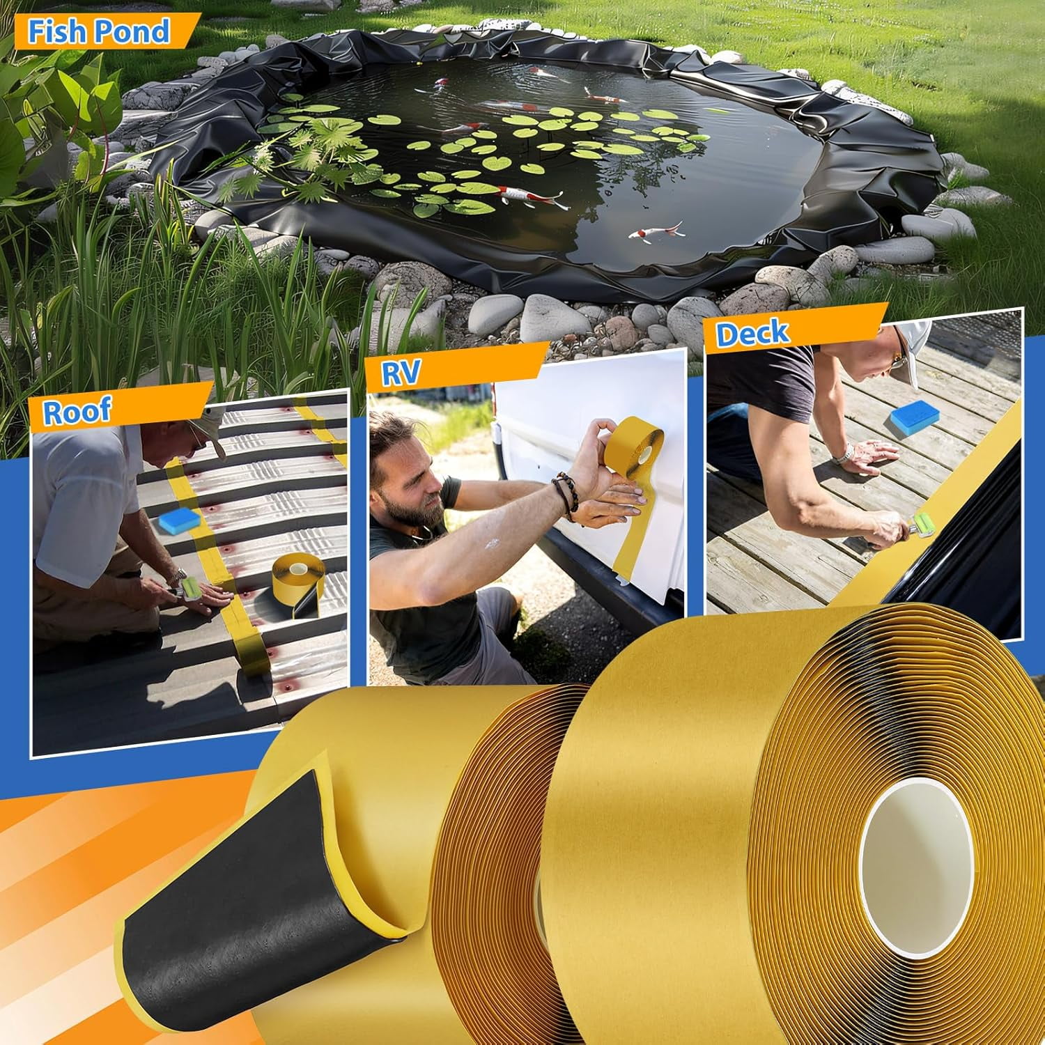 2Pcs Pond Liner Seam Tape, 3" x 30' Double Sided Butyl Rubber Tape Kit, Waterproof Seam Tape & 2 Pcs Sponge & Roller, Self Adhesive Patch Repair Tape for EPDM, HDPE Pond Liners Roof Deck RV