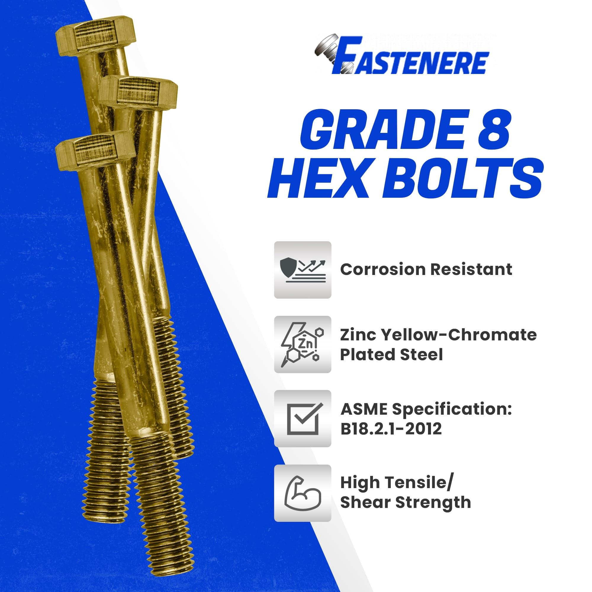 Fastenere 7/16"-14 x 3-1/2" Hex Bolts Grade 8 Zinc Yellow-Chromate Plated Steel, Partial Threaded Durable Hex Bolts for Machinery & Construction, Rust-Resistant, Heavy-Duty Fasteners, Pack of 5