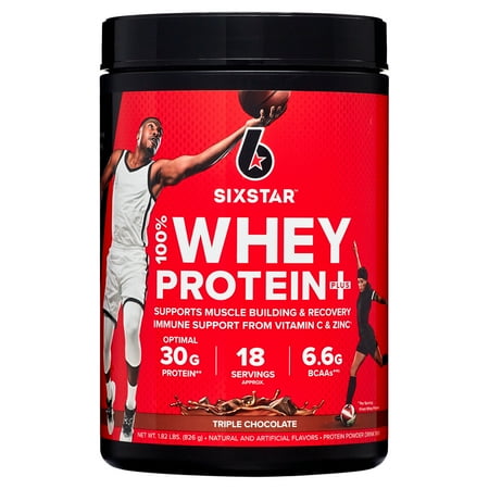 Six Star Pro Nutrition 100% Whey Protein Powder Plus, 30g Protein, Triple Chocolate, 1.81 lbs