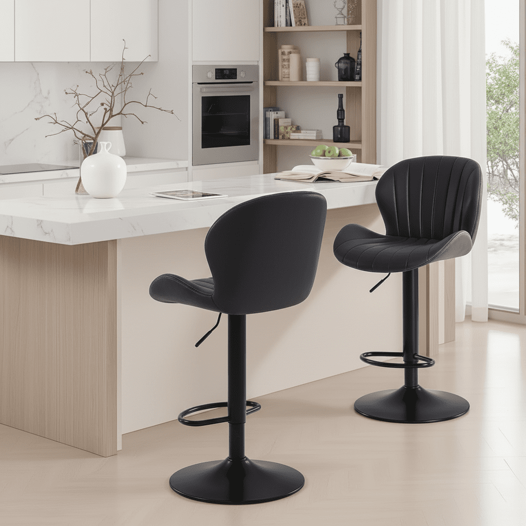 CONCETTA Set of 2 Swivel Bar Stools, Adjustable Height Modern Fabric Upholstered Barstools Counter Bar Chairs with Backrest for Kitchen Island & Home Bar, Black