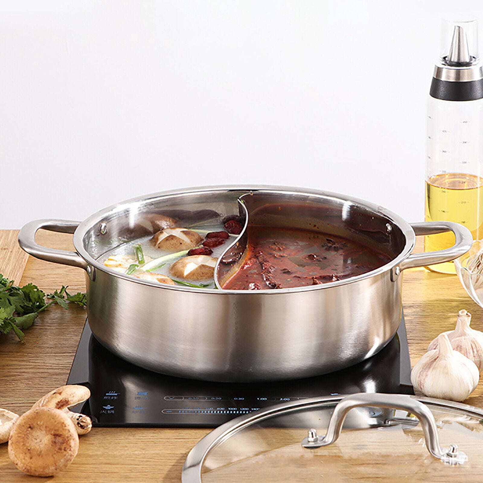 Double-flavor Shabu Shabu Hot pot with Divider & Soup Ladle, 304 Stainless Steel Shabu Shabu Pot, Safe Design Dual Sided Hot Pot for Induction Cooktop, Cookware Multi Cooker (12.6"(32cm))