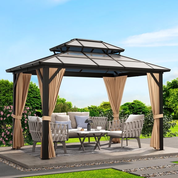 10×12 FT Hardtop Gazebo with Polycarbonate Double Roof, Gray Aluminum Frame Outdoor Patio Gazebo with 2 Track Curtains & Netting, Water-Drainage, UV Protection, Permanent Backyard Canopy