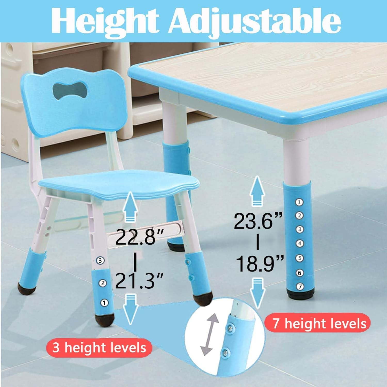 EastVita Kids Table and Chairs Set of 7,Height Adjustable Desk with 6 Seats,Arts Crafts Graffiti Table,Non-Slip,Blue