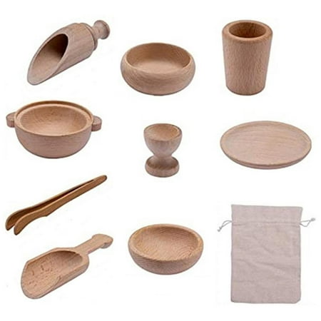 

9 Pieces Simulation Kitchen Cookware Wooden Scoops and Tongs Utensils Wood Pot Dish for Preschool Kids Pretend Game Educational