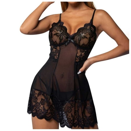 

DORKASM Sexy Nightgown Sleepwear for Women Eyelash Floral Lingerie Lace Teddy Babydoll XL Black