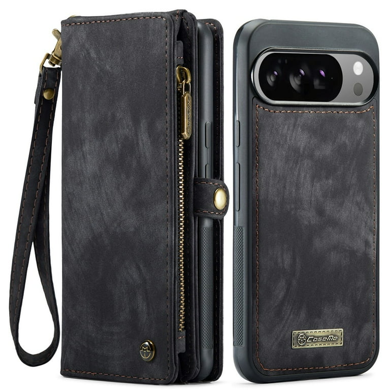 CaseMe Leather Case for Google Pixel 10 Pro XL,2 in 1 Detachable Wallet Case with 8-Card Holder Zipper Bills Slot,Magnetic Shockproof Flip Leather Cover Zipper Pocket Phone Cases,Black