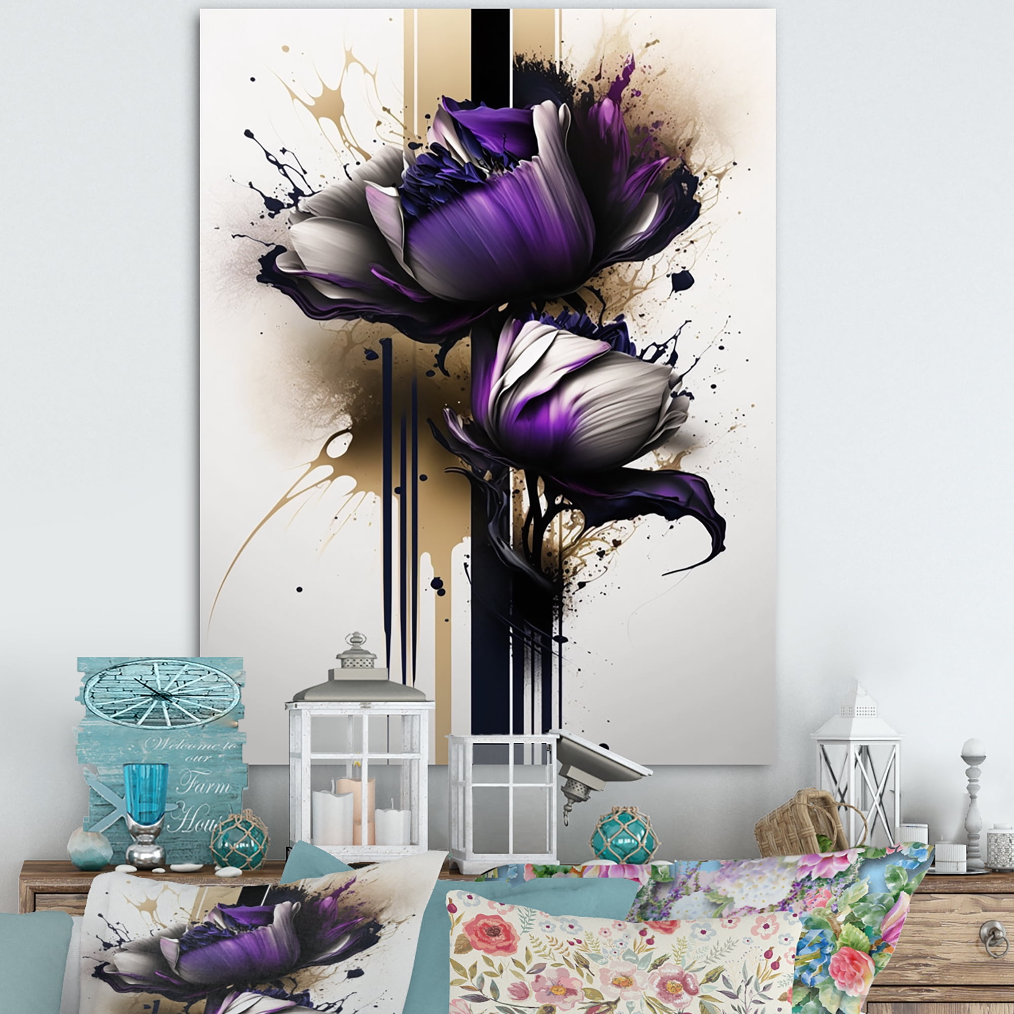 Designart Puple Peony Flower On Abstract Paint II Canvas Wall Art