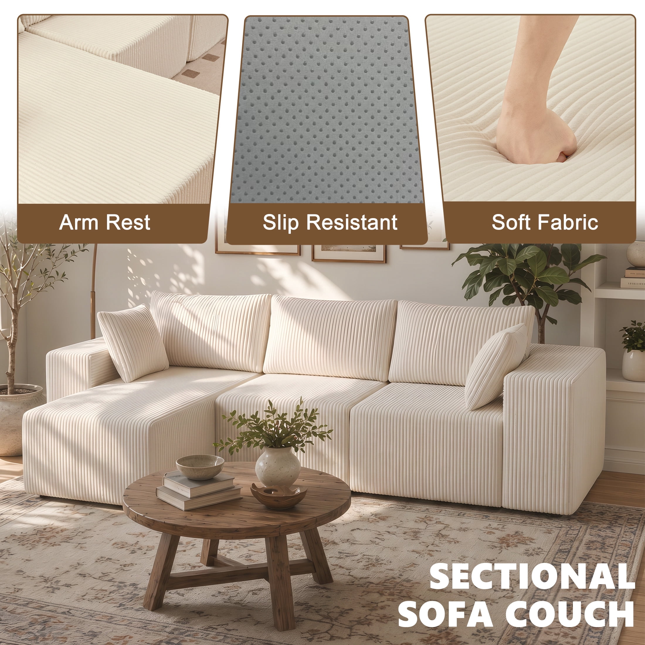 edx 108" Convertible Sectional Couches Comfy Fluffy 4 Seat Memory Foam Sectional Sofa Upholstered Couches for Living Room Bedroom,No Assembly Required,(Left Facing Chaise) Beige