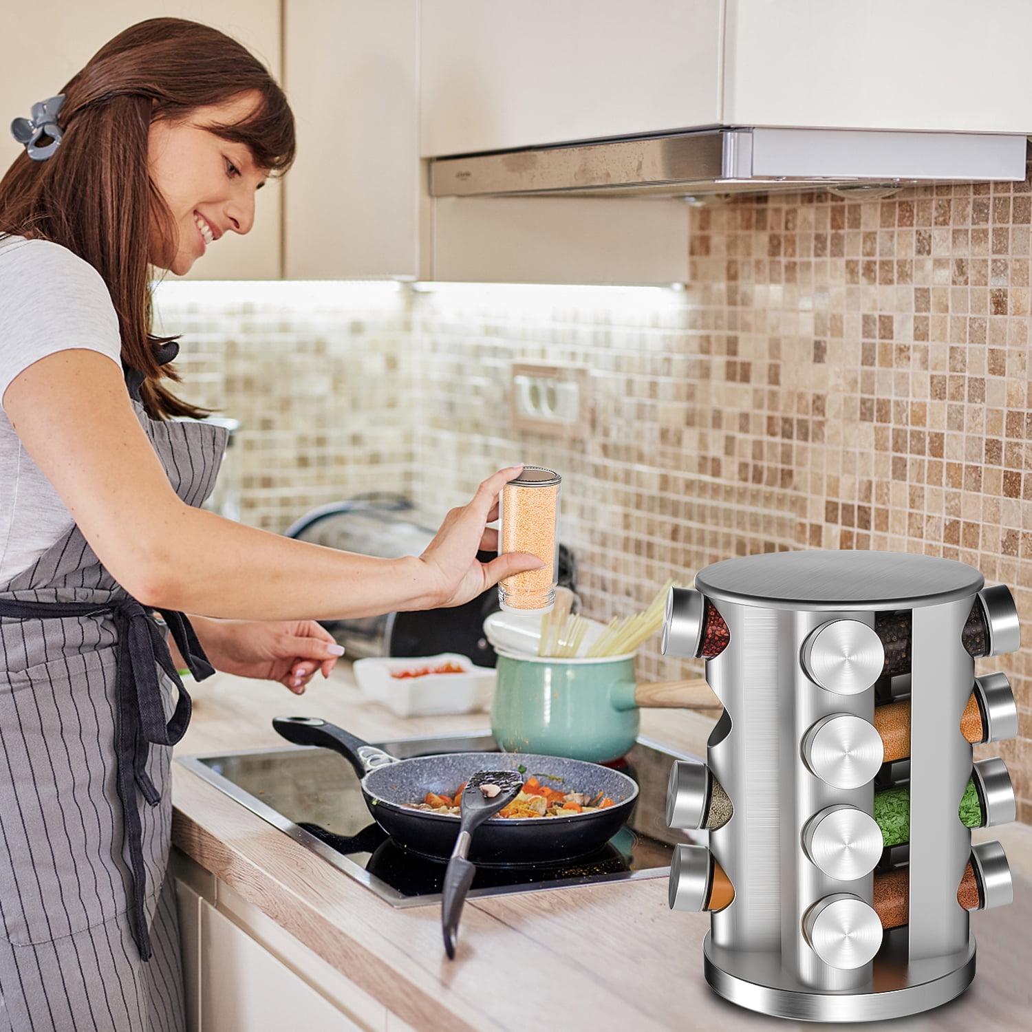 Rotating Spice Rack Organizer with 16 Jars, Revolving Seasoning Spice Rack for Kitchen, Countertop & Cabinet, Stainless Steel Spice Organizer with Reusable Labels, Funnel & Marker