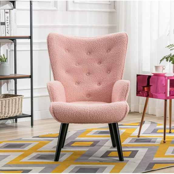 Modern Velvet Fabric/ PU/ Teddy Fabric Accent Chair Single Sofa Comfy Upholstered Arm Chair Living Room Furniture with Wood Legs for Bedroom Office(Pink Teddy)