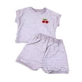 thumbnail image 4 of LIIPEE Girls Outfit Sets Casual Summer Striped Printed Short Sleeve Crew Neck Bow Decoration T Shirt Elastic Waist Shorts 2 Piece Set Kids Comfortable Breathable Cute Clothing,Purple,8-9 Years, 4 of 4