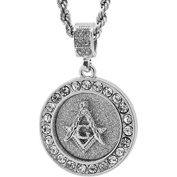 Silver Tone Round Masonic Freemason Pave Pendant with 24" Rope Chain 3110