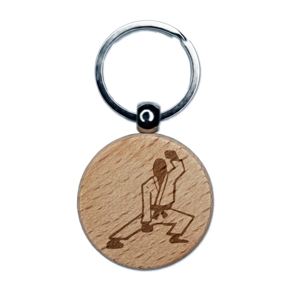 Kung Fu Martial Arts Crouch Stance Karate Gi Round Keychain Charm Tag - Engraved Wood