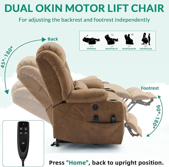 VIVIJASON Tall Man Dual Motor Power Lift Recliner, Oversized Lay-Flat Sleeper with Extended Footrest, Heat, Massage, Lumbar Pillow & USB/Type-C, Brown