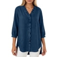 thumbnail image 2 of YMNXA Women's Denim Blouse 3/4 Sleeve V Neck Solid Color Buttons Ruffles Elegant Fashion Comfortable Shirts Top For Casual Daily Wear,Dark Blue,S, 2 of 5