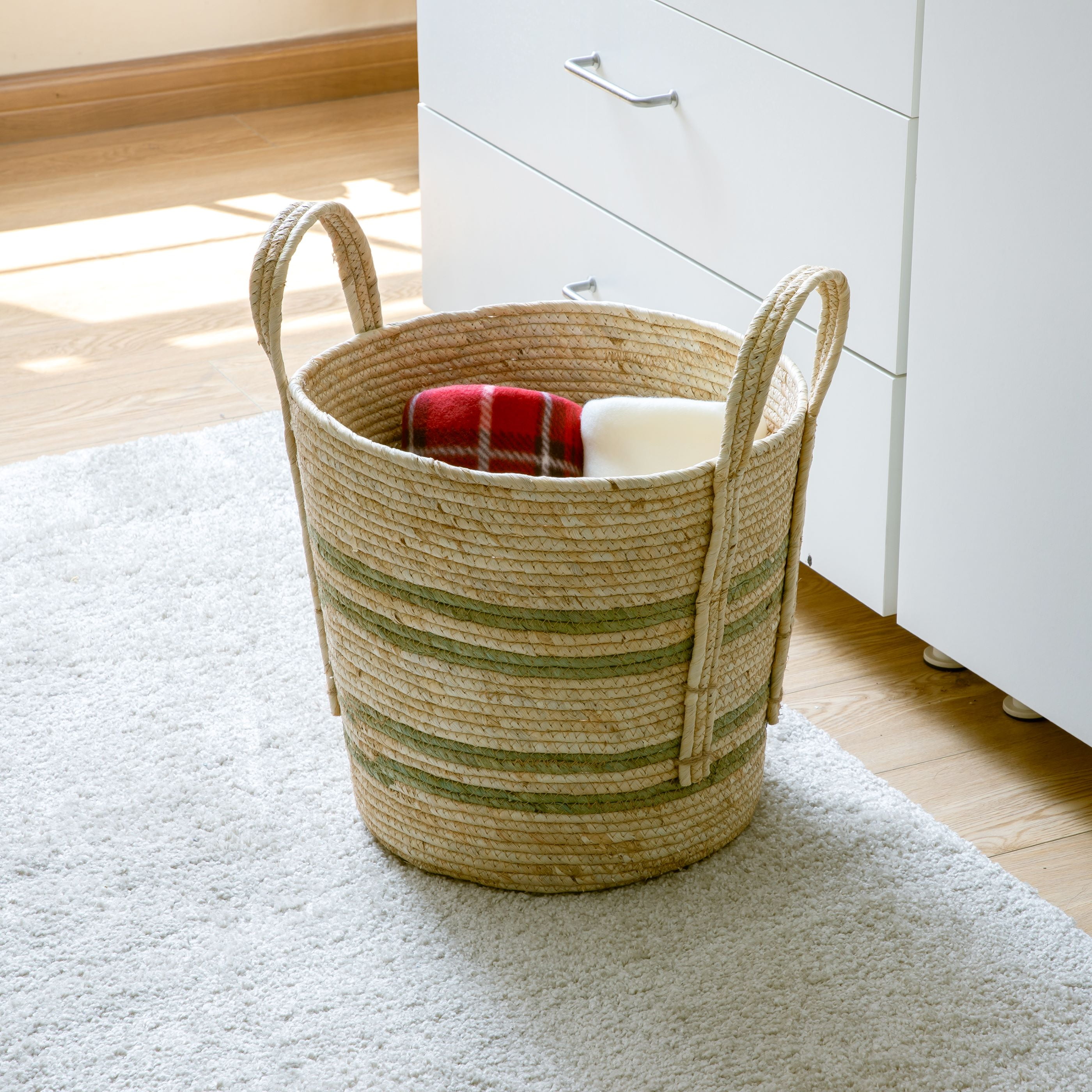 Better Homes & Gardens Natural Maize Colored Stripe Basket, Green, Large