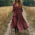 thumbnail image 2 of CIENVNSTG Fashionable Retro V-Neck Long Sleeve Maxi Dress Elegant Skirt High Waist Comfortable Long Dress Red S, 2 of 8