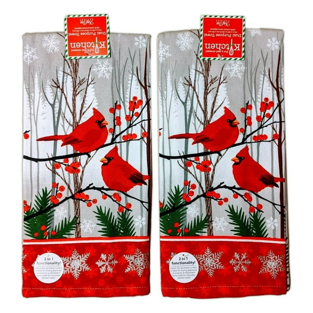 Set of 2 NATURE SINGS Christmas Cardinal Terry Kitchen Towels by Kay