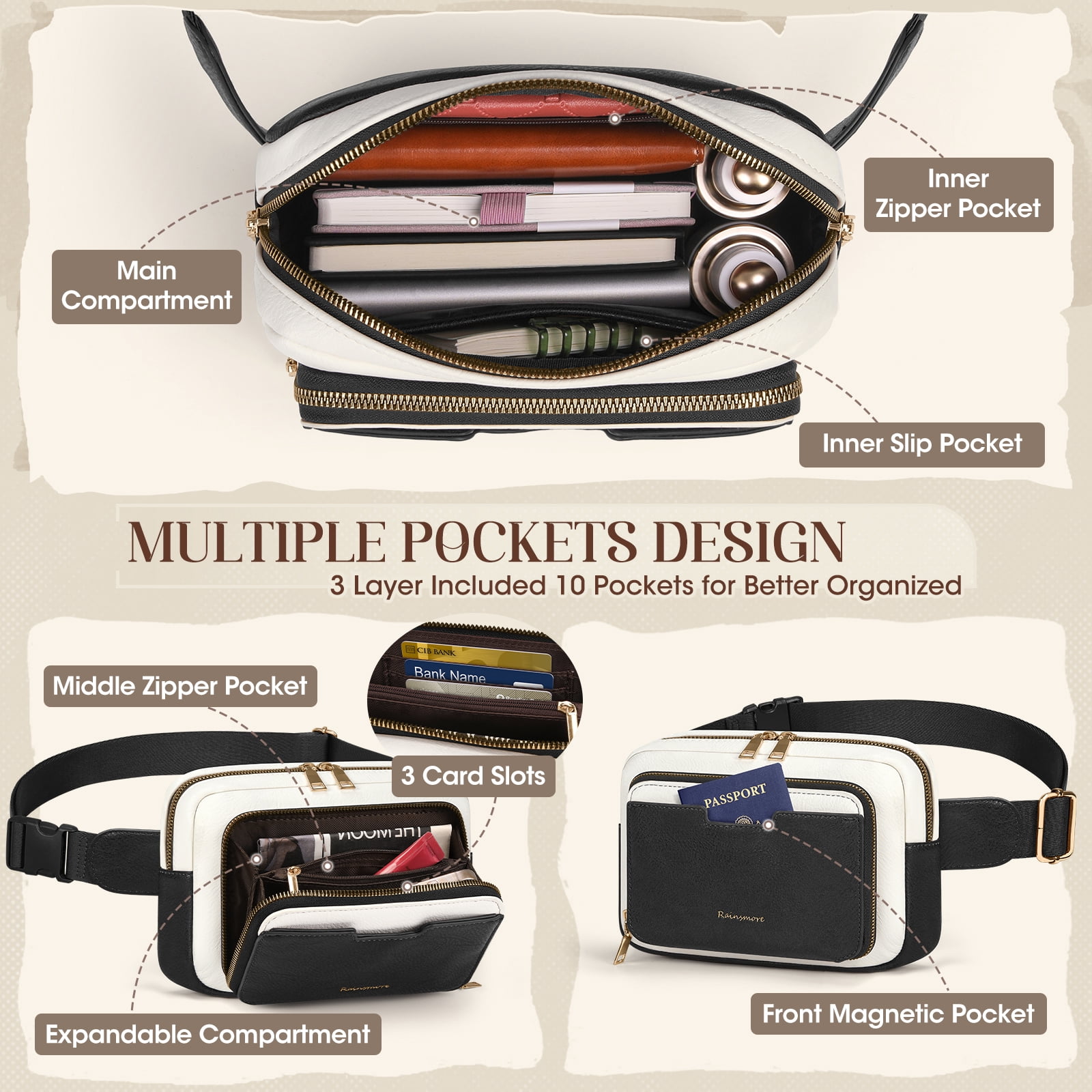 RAINSMORE Fanny Packs for Women, Leather Belt Bag Waterproof Everywhere Crossbody Waist Pack with Adjustable Strap Retro Sling Chest Bag for Work Running Travel Party,Black&White