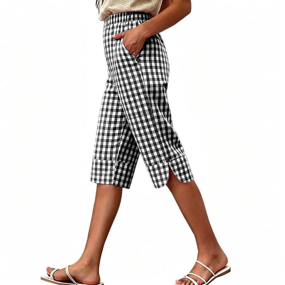 Women High Waist Casual Wide Leg Long Pants Plaid Capri Pants with Pockets Elastic Waist Beach Trousers Pants