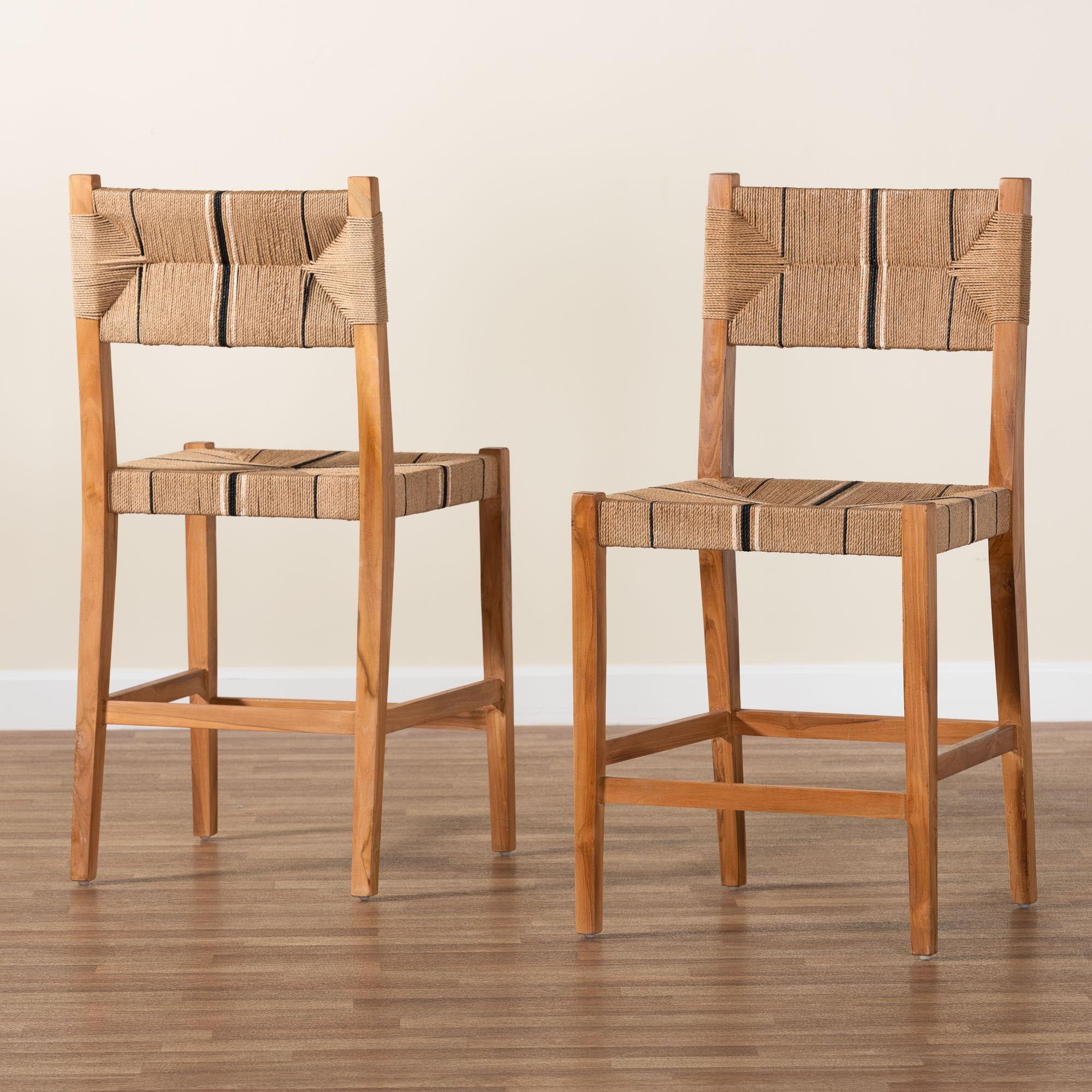 bali & pari Prita Bohemian Paper Loom and Natural Mahogany Wood 2-Piece Counter Stool Set
