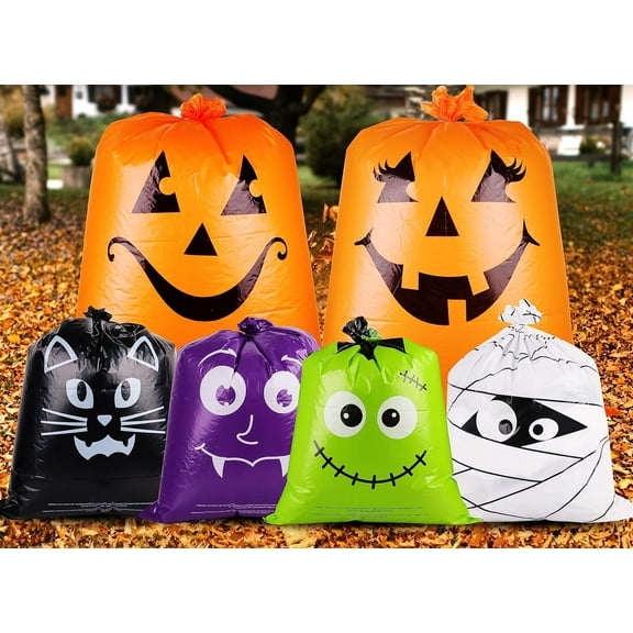 12 Pack Halloween Lawn Leaf Bags - Heavy Duty Plastic Trash Bags with Twist Ties, 6 Designs Large Pumpkin Yard Waste Bags for Garden, Lawn, Porch, Indoor Outdoor Halloween Decorations