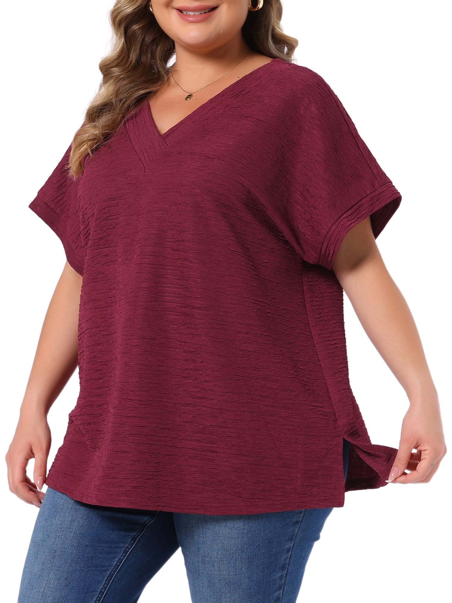DARING DIVA Women's Plus V Neck Short Sleeve Textured Tops 3X Burgundy